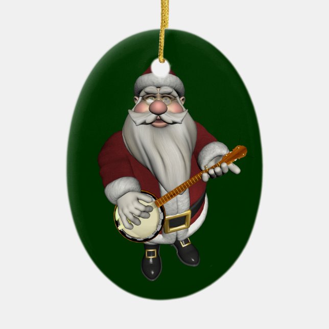 Santa Claus Loves His Banjo Ceramic Ornament (Front)