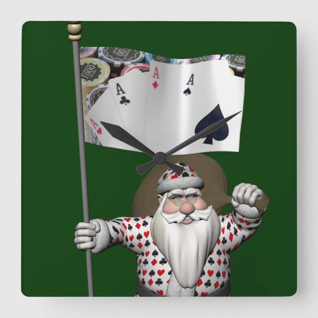 Santa Claus Loves Playing  Poker Square Wall Clock (Front)