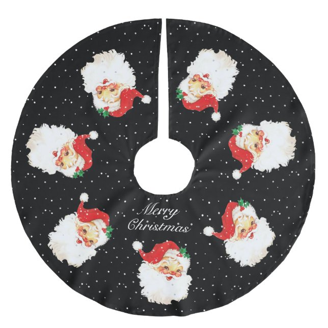 Santa Claus Mandala & Snowflakes on Black Brushed Polyester Tree Skirt (Front)
