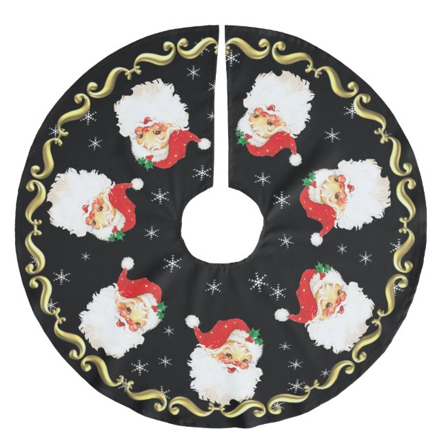 Santa Claus Mandala & Snowflakes on Black Brushed Polyester Tree Skirt (Front)