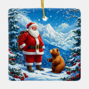 Santa Claus Meets Friendly Bear in Snowy Mountain Ceramic Ornament