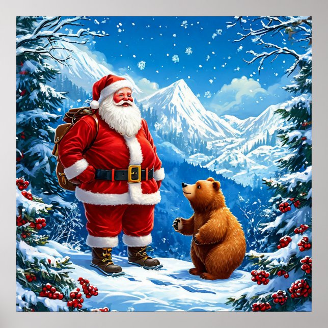 Santa Claus Meets Friendly Bear in Snowy Mountain Poster (Front)