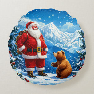 Santa Claus Meets Friendly Bear in Snowy Mountain Round Pillow