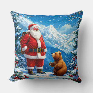 Santa Claus Meets Friendly Bear in Snowy Mountain Throw Pillow