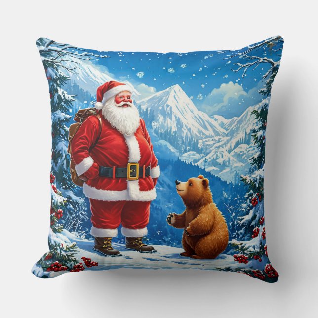 Santa Claus Meets Friendly Bear in Snowy Mountain Throw Pillow (Front)