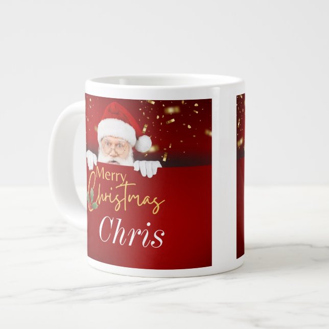 Santa Claus Merry Christmas Custom Name Both Sides Large Coffee Mug (Front Left)