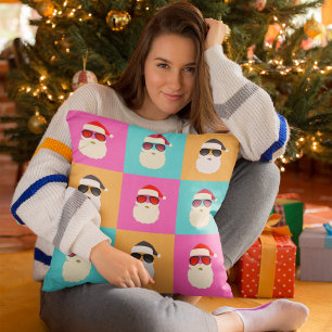 Santa Claus modern neon multicolor photo collage Throw Pillow
