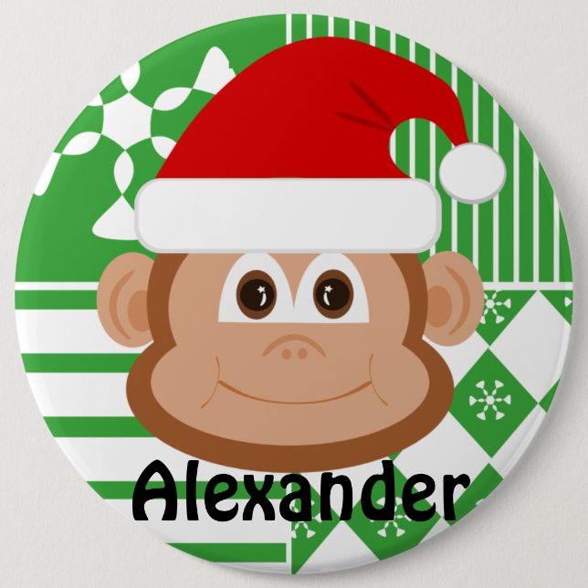 Santa Claus Monkey Personalized Stocking Button (Front)