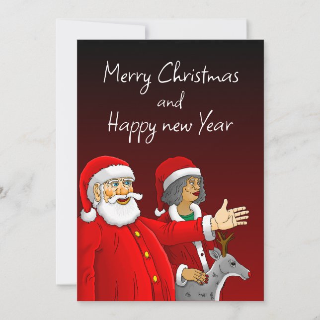 Santa Claus, Mrs. Claus and Rudolph the reindeer Holiday Card (Front)