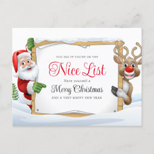 Santa Claus Nice List And A Red Nose Reindeer Xmas Holiday Postcard