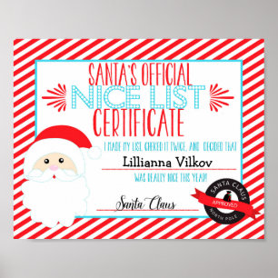 Santa Claus Nice List Personalized Certificate Poster
