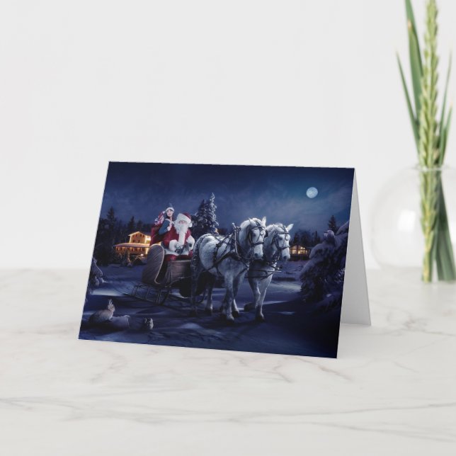 Santa Claus On A Horse Driven Sleigh Holiday Card (Front)