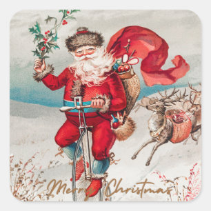 Santa Claus on a penny farthing with reindeer Square Sticker