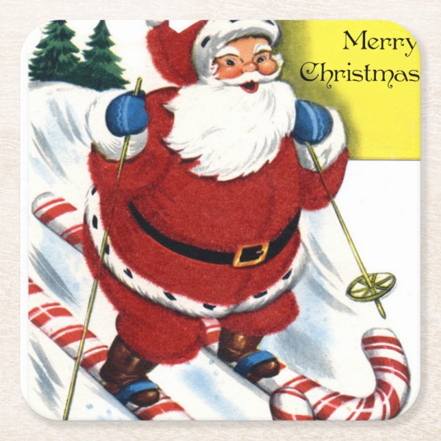 Santa Claus on Candy Cane Skis Christmas Square Paper Coaster (Front)