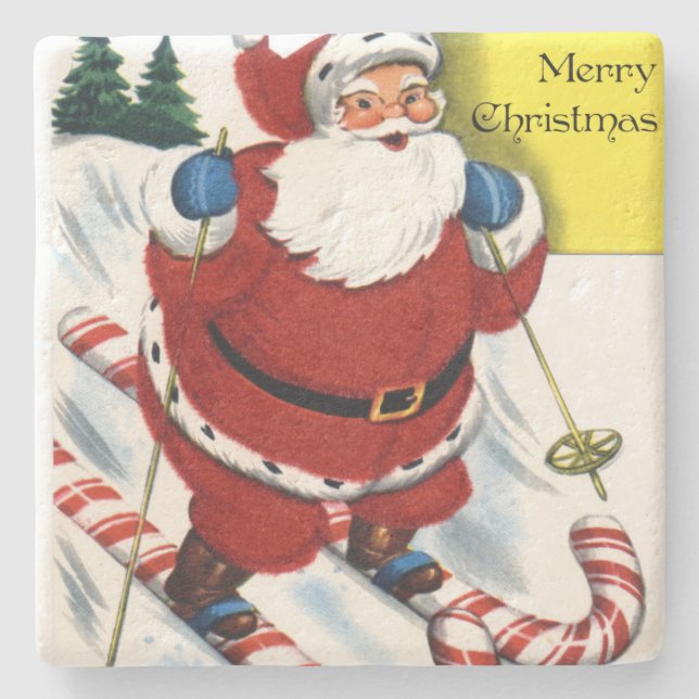 Santa Claus on Candy Cane Skis Christmas Stone Coaster (Front)