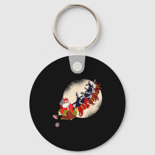 Santa Claus On Christmas Sleigh Pulled By Reindeer Keychain