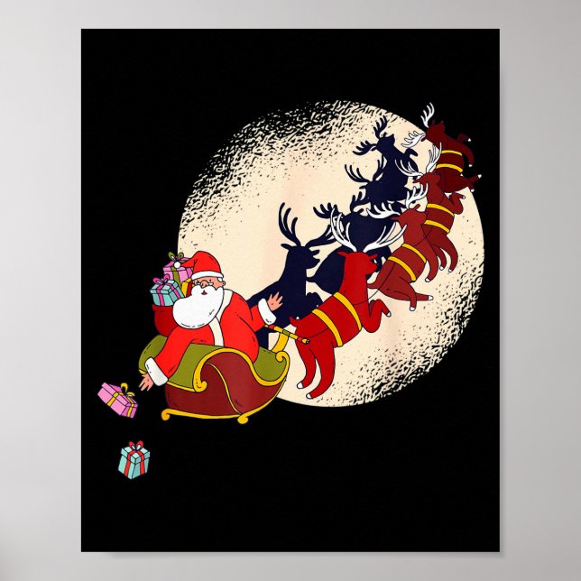 Santa Claus On Christmas Sleigh Pulled By Reindeer Poster (Front)
