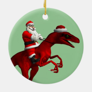 Santa Claus On Dino Ceramic Ornament