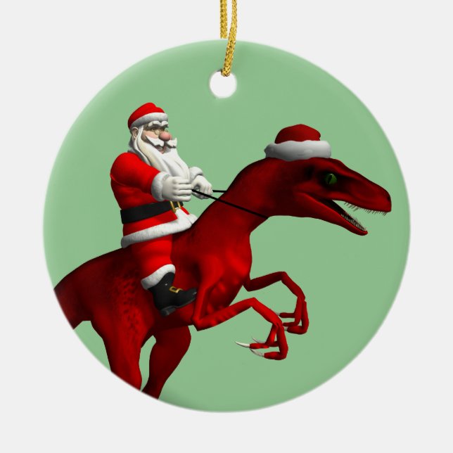 Santa Claus On Dinosaur Ceramic Ornament (Front)