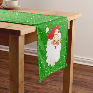 Santa Claus on Festive Glittering Green Confetti  Short Table Runner