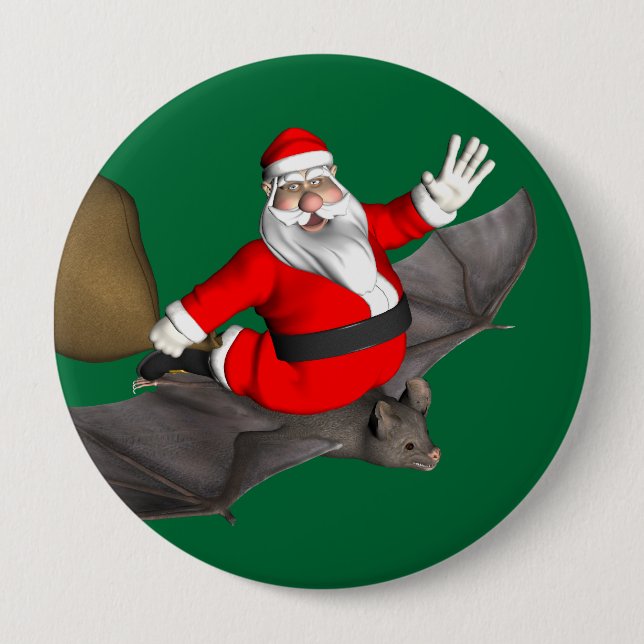 Santa Claus On Flying Bat 4 Inch Round Button (Front)