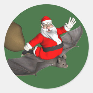 Santa Claus On Flying Bat Classic Round Sticker
