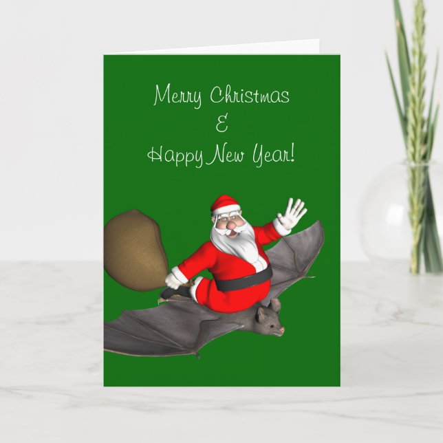 Santa Claus On Flying Bat Holiday Card (Front)