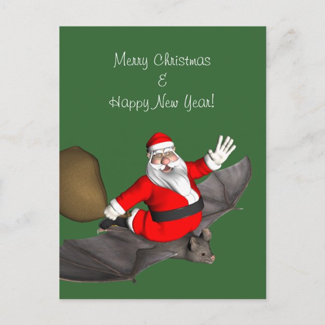 Santa Claus On Flying Bat Holiday Postcard (Front)