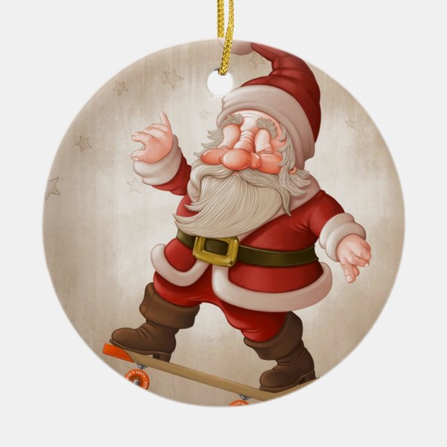 Santa Claus on skateboard Ceramic Ornament (Front)
