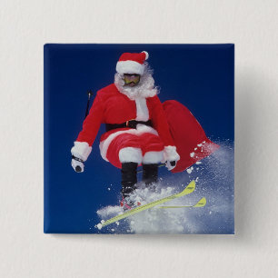 Santa Claus on skis jumping off a cornice at 2 Inch Square Button