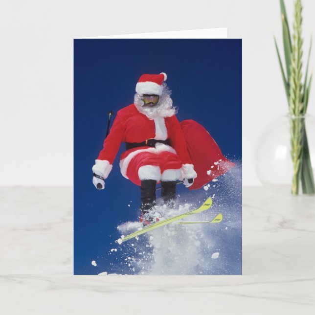 Santa Claus on skis jumping off a cornice at Holiday Card (Front)