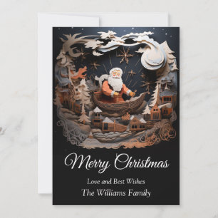 Santa Claus on Sleigh in Sky 3D Merry Christmas Holiday Card