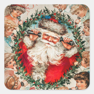 Santa Claus on string phones listening to children Square Sticker