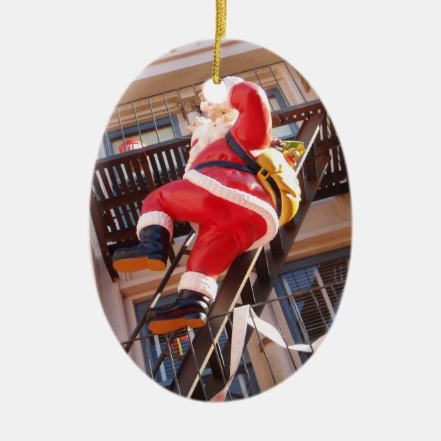 Santa Claus on the Fire Escape Ceramic Ornament (Front)