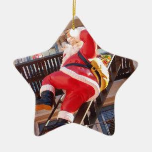 Santa Claus on the Fire Escape Ceramic Ornament