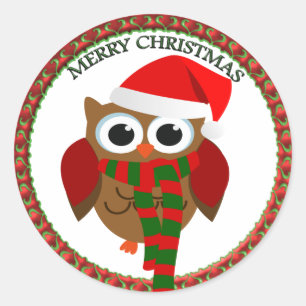 Santa Claus Owl with a red and white scarf and hat Classic Round Sticker