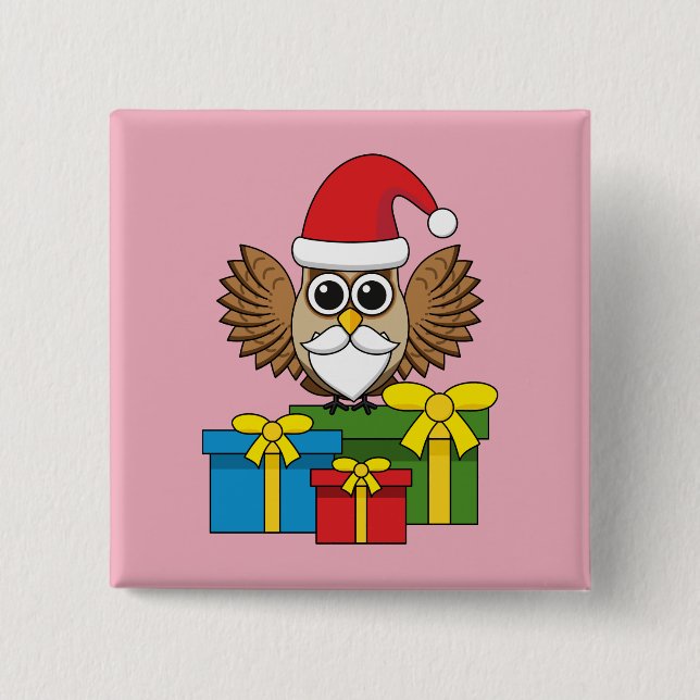 Santa Claus Owl with Presents 2 Inch Square Button (Front)
