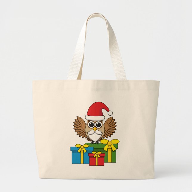 Santa Claus Owl with Presents Large Tote Bag (Front)