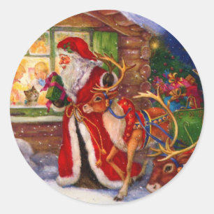 Santa Claus Peeking Through The Window Classic Round Sticker
