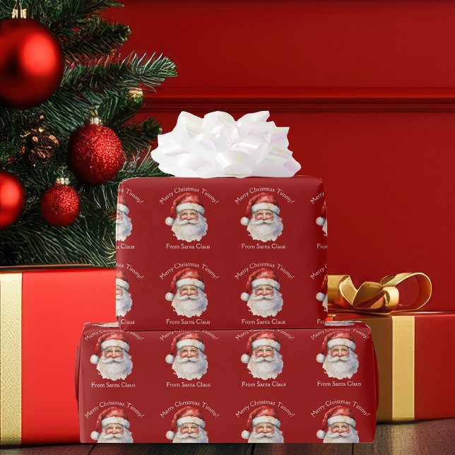 Santa Claus Personalized Red Kids Christmas Wrapping Paper (Creator Uploaded)