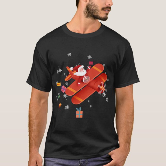 Santa Claus Pilot Flying Airplane Merry Christmas T-Shirt (Front)