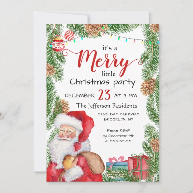 Santa Claus Pine Branch Merry Christmas Party Invitation (Front)
