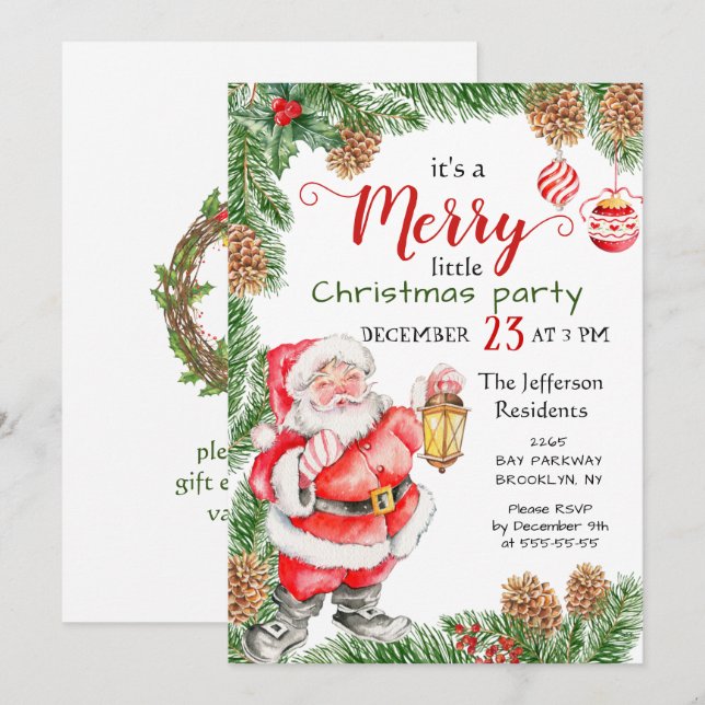 Santa Claus Pine Branch Merry Christmas Party Invitation (Front/Back)
