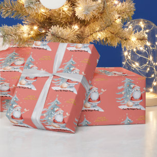 Santa Claus Pine Tree Christmas Red Wrapping Paper