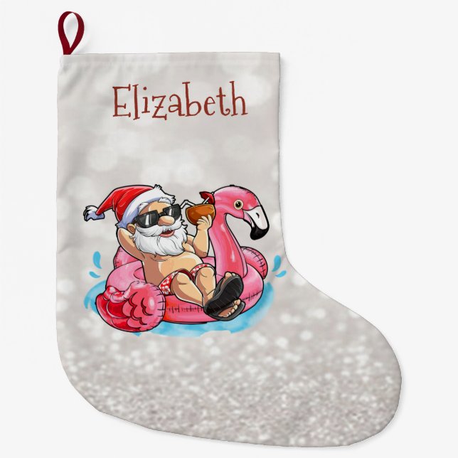 Santa Claus,Pink Flamings,Glittery Bokeh  Large Christmas Stocking (Front)