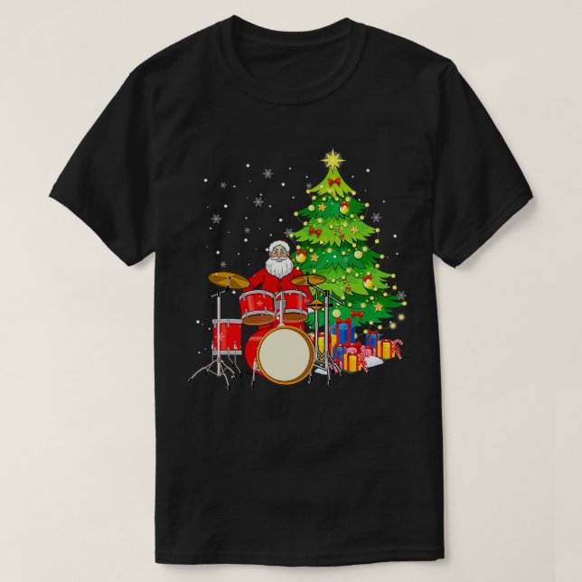 Santa Claus Play Drums Nearby Christmas Tree Funny T-Shirt (Design Front)