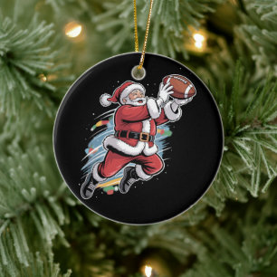 Santa Claus Playing American Football Christmas Ceramic Ornament