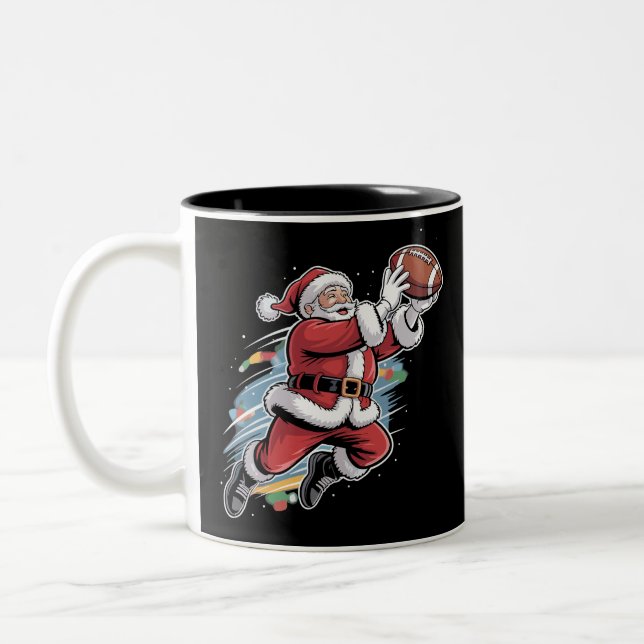 Santa Claus Playing American Football Christmas  Two-Tone Coffee Mug (Left)