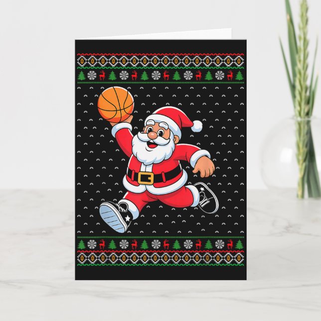 Santa Claus Playing Basketball Ugly Christmas Men  Card (Front)