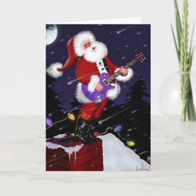Santa Claus Playing Electric Guitar Holiday Card (Front)